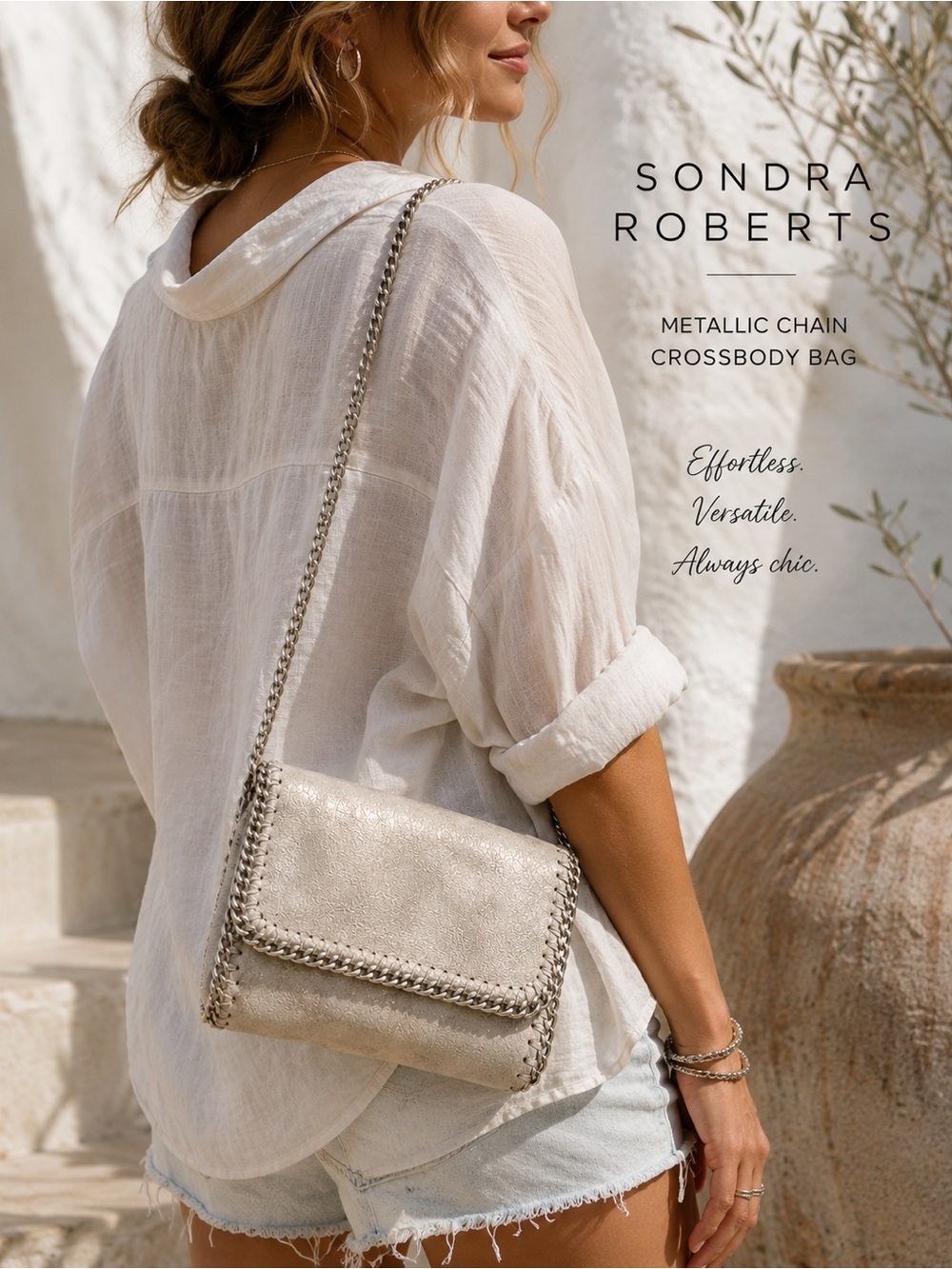 Sondra Roberts Silver Metallic Chain Crossbody Bag Y2K Boho Festival Purse - Picture 3 of 10